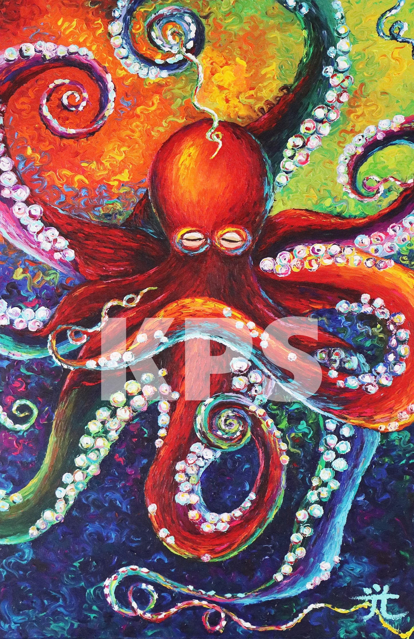 “Rainbow Octopus” Original Oil Finger Painting