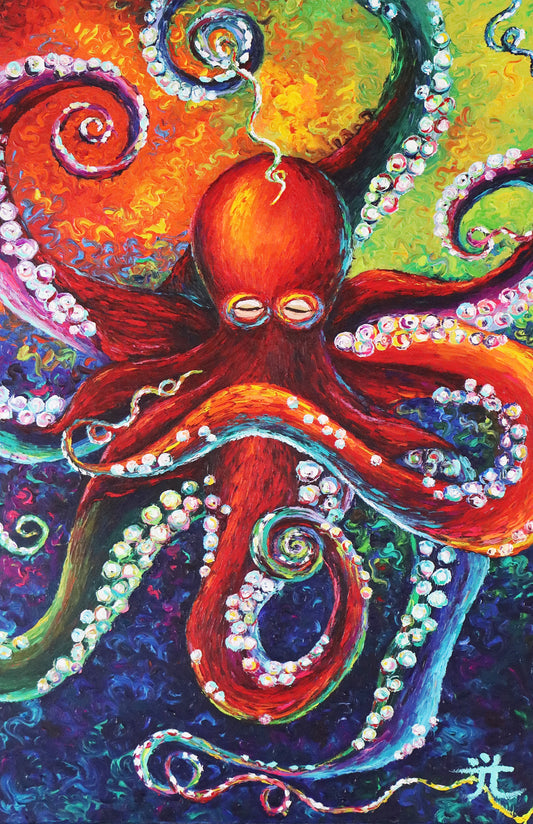 “Rainbow Octopus” Original Oil Finger Painting