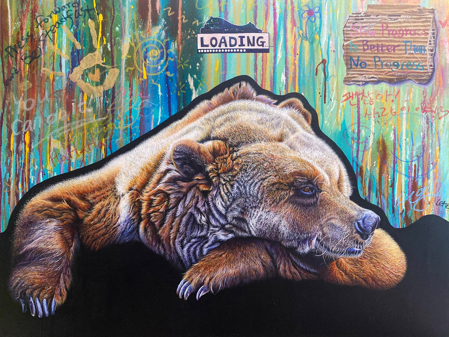 "Slow Progress" Thinking Bear - Original Mixed Media Painting