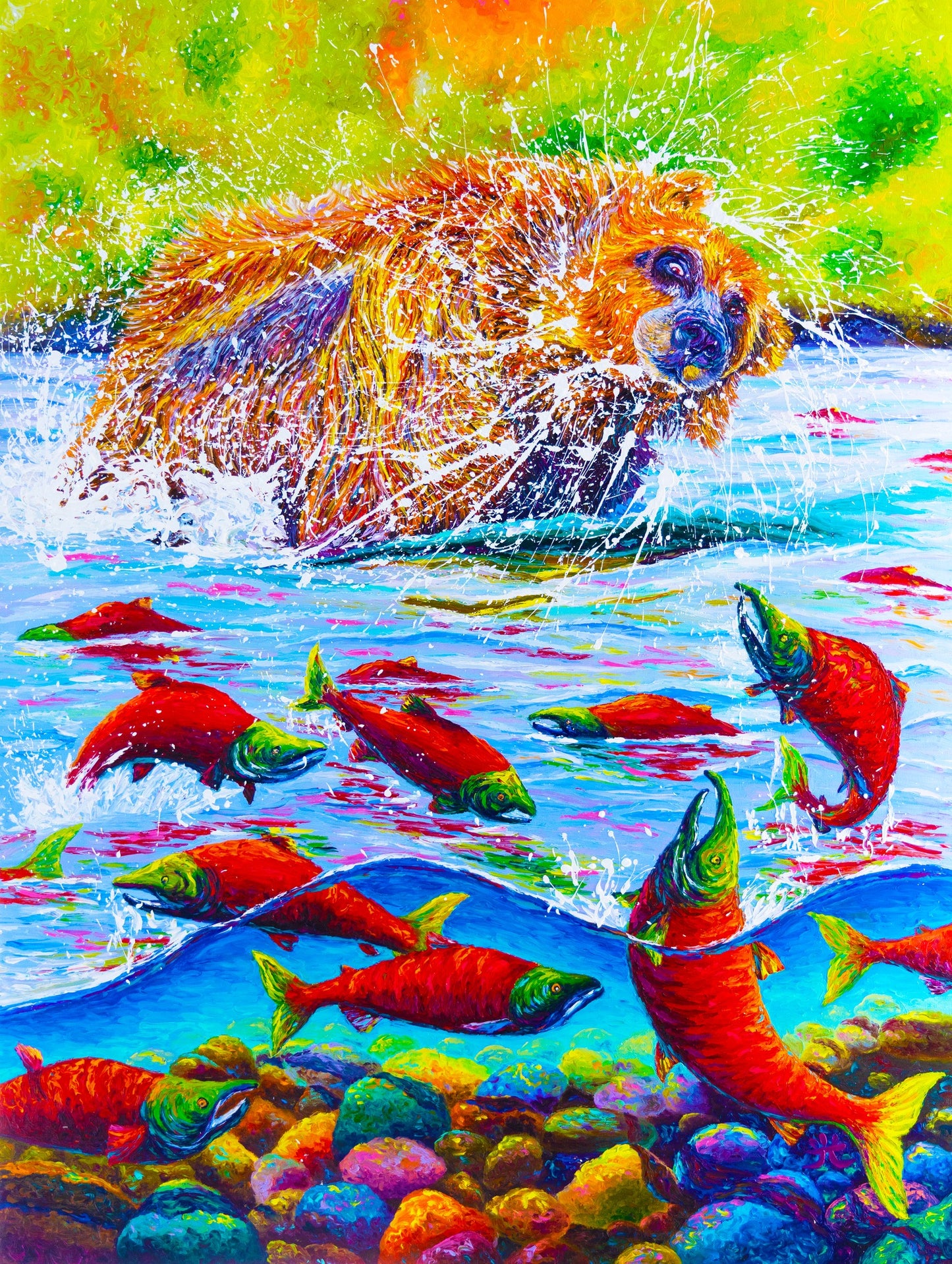 "Salmon Buffet 2" Bear in Alaska - Original Oil Finger Painting