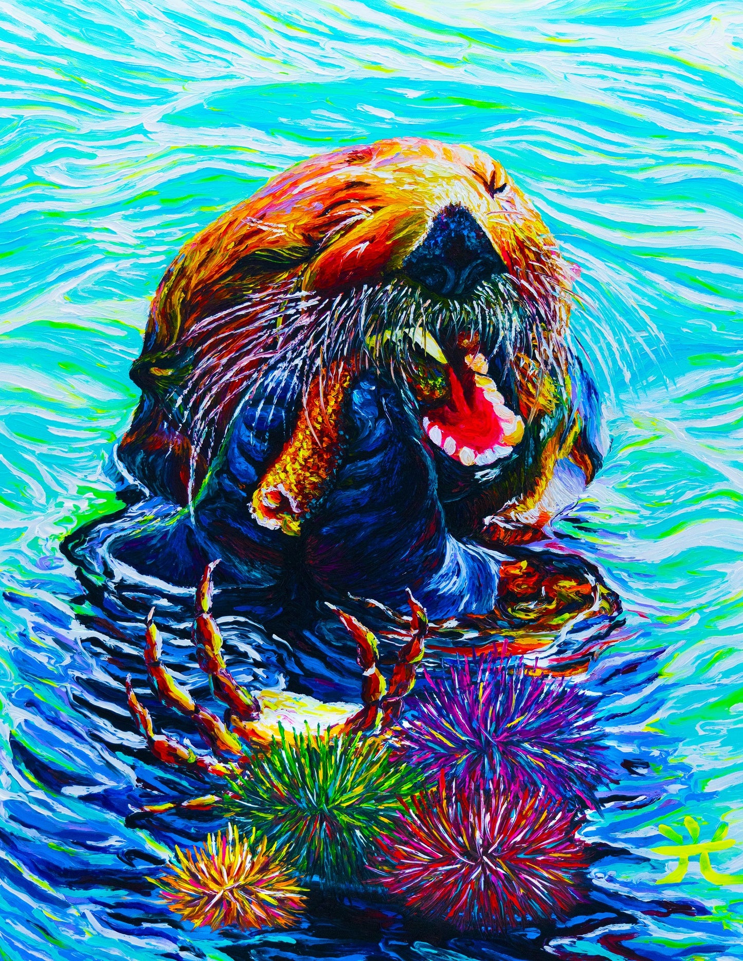 "Snack Time 2" - Sea Otter with Urchins - Original Oil Finger Painting