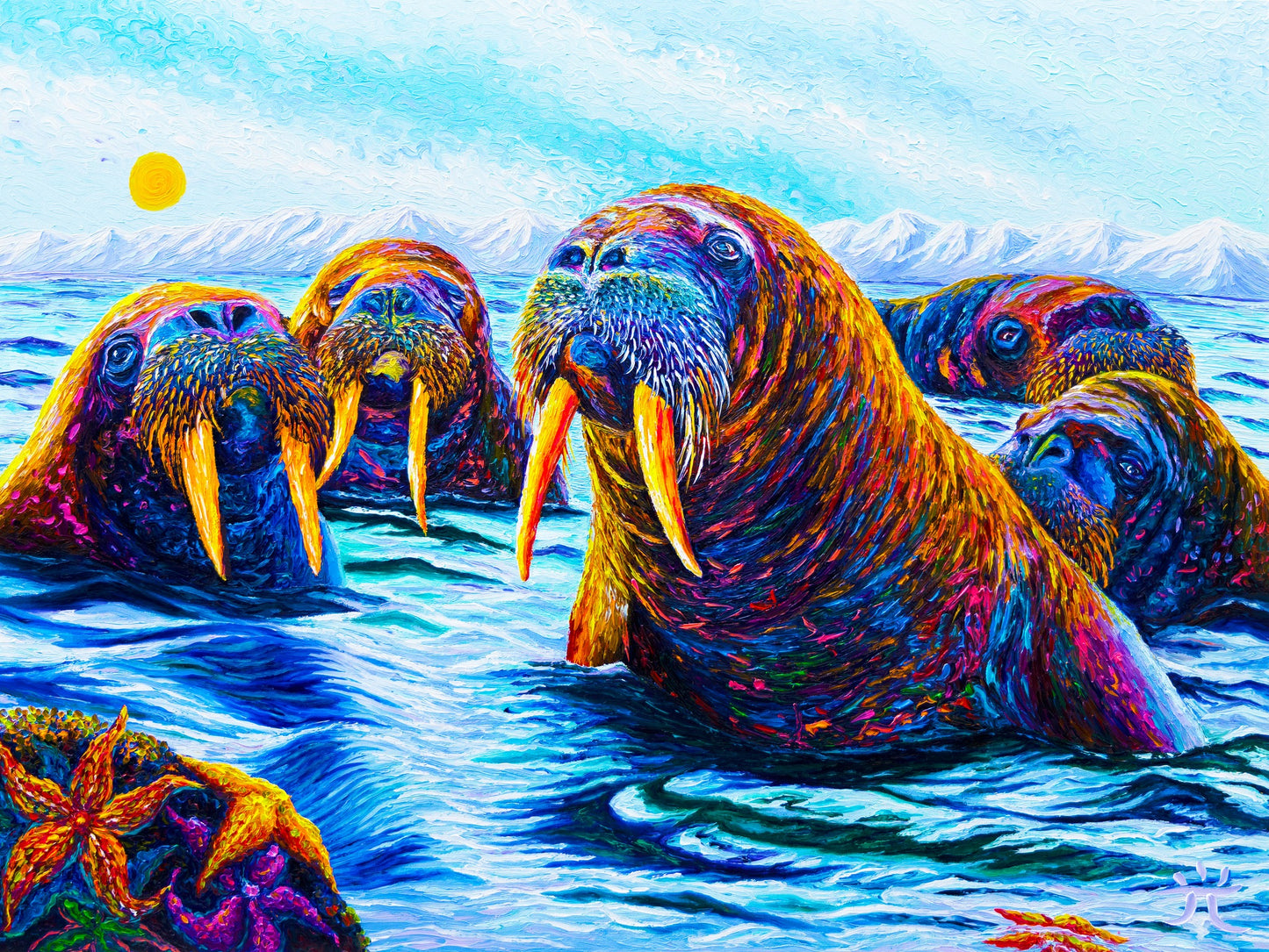"Curious" Walrus Family - Original Oil Finger Painting