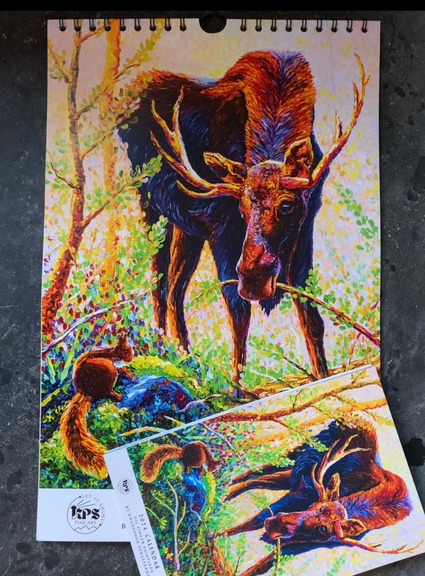* 2024 Fine Art Calendar - 11x17” Wall calendar - 6x9” Desk Calendar - Collection of Wildlife Oil Finger Paintings