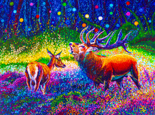 "Oh, My Dear" Red Deer in the magic forest - Original Oil Finger Painting