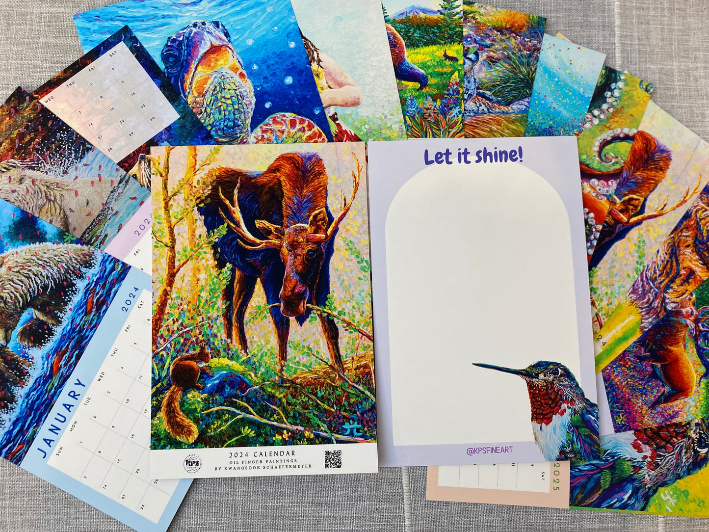 * 2024 Fine Art Calendar - 11x17” Wall calendar - 6x9” Desk Calendar - Collection of Wildlife Oil Finger Paintings