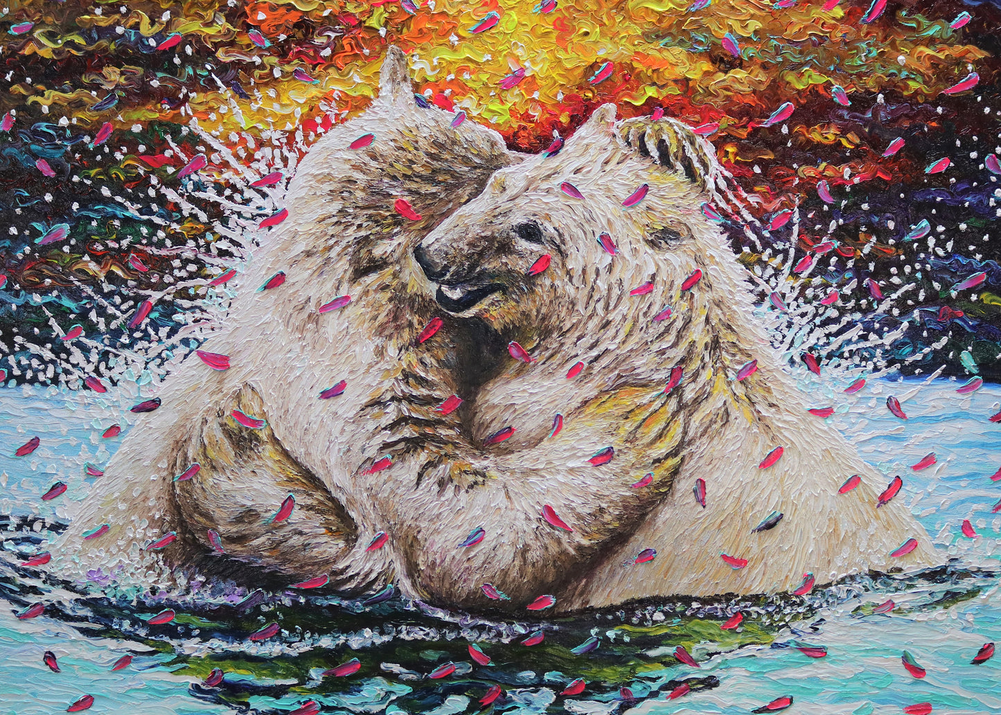 "With My Bestie" Two Polar Bears- original oil finger painting