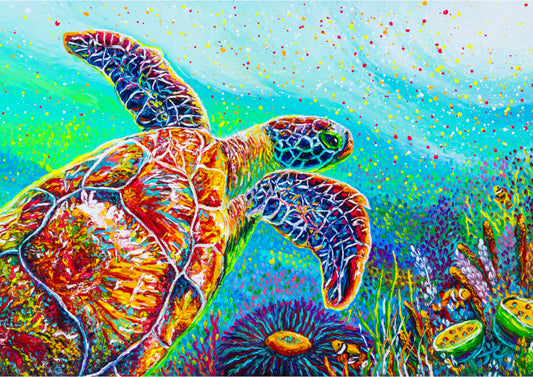 "Be Still" Green Sea Turtle under the sea - Original Oil Finger Painting