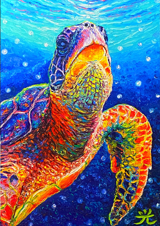 “‘Selfie" Green Sea Turtle - Original Oil Finger Painting