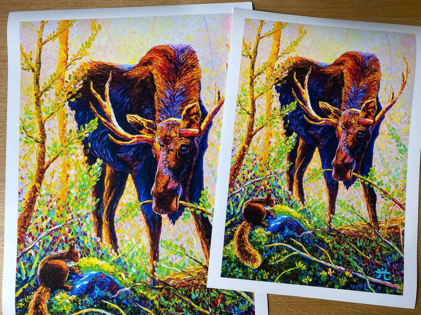 "One Peaceful Afternoon" Moose and Squirrel in the forest - Oil Finger Painting Print - Giclée Fine Art Print