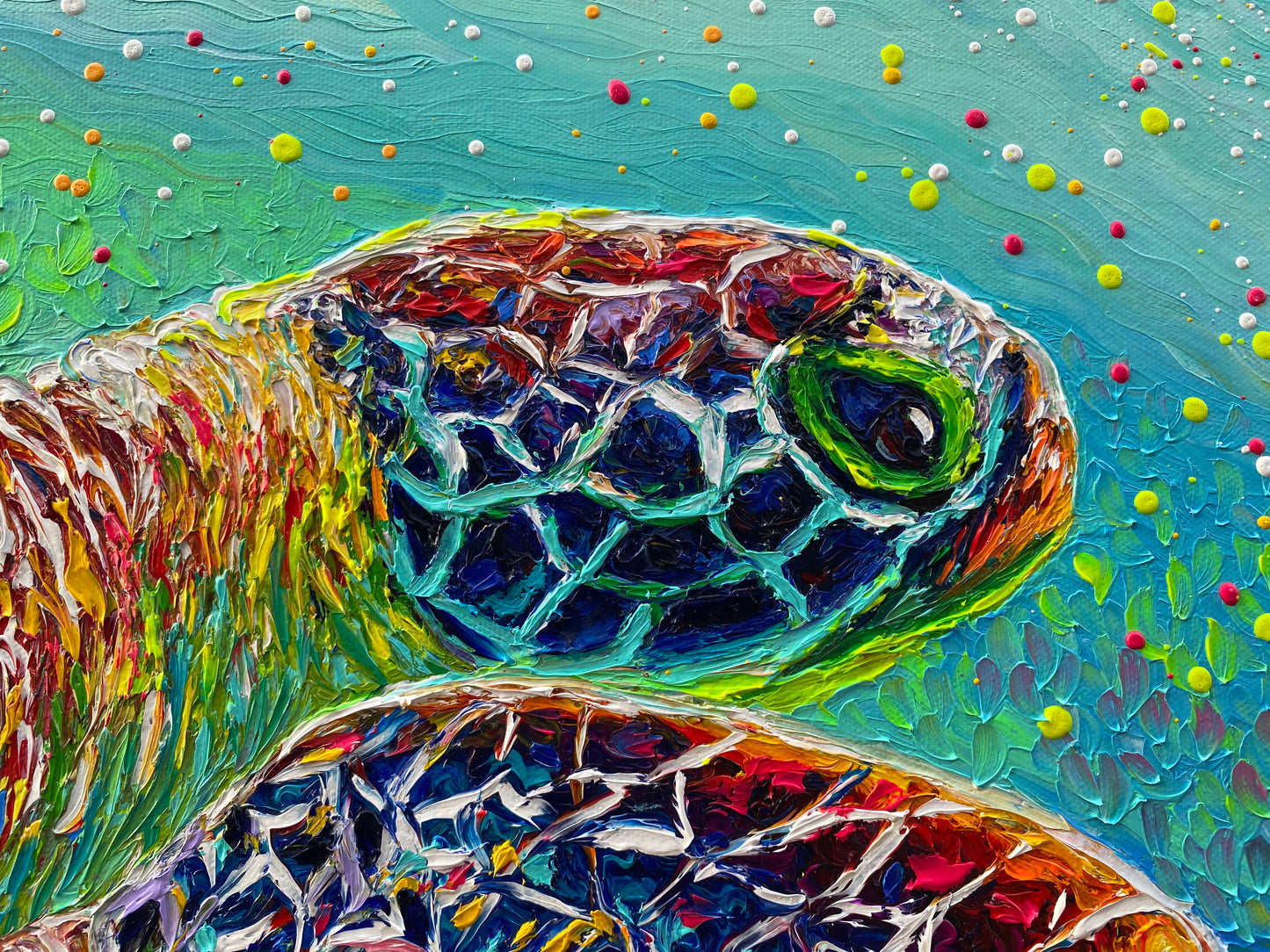 "Be Still" Green Sea Turtle under the sea - Original Oil Finger Painting