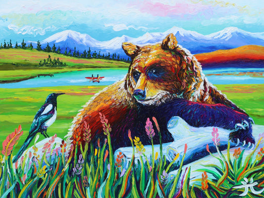 "Friendship" A Brown Bear and a Magpie - original oil finger painting