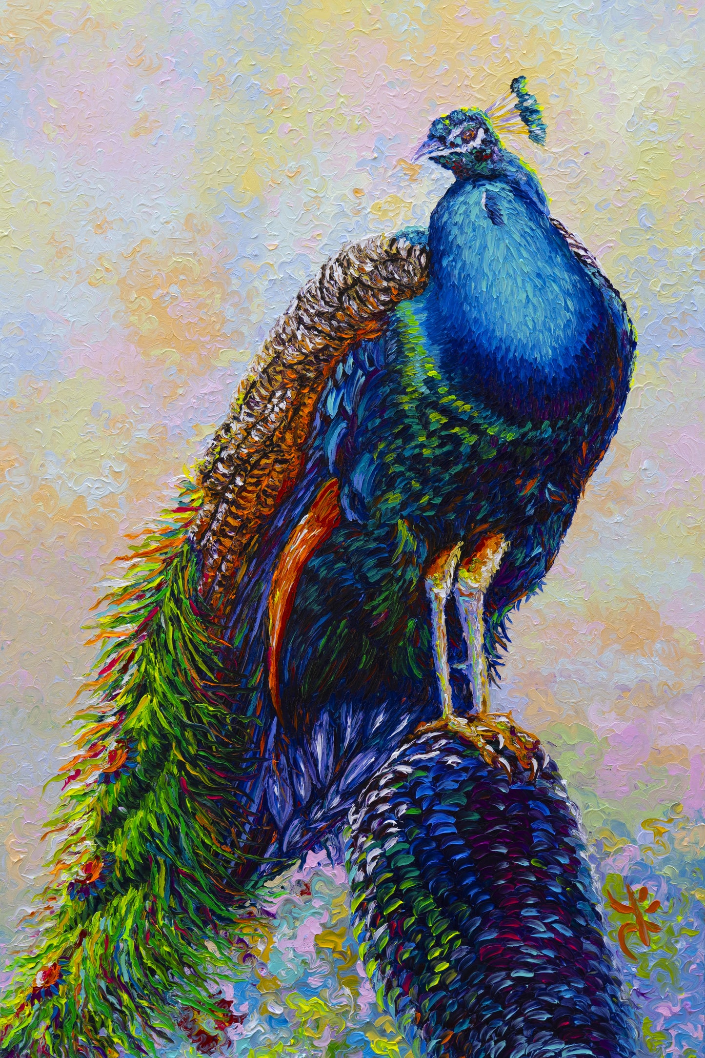 "The Beauty on the rock” Peacock on the rock- Original Oil Finger Painting