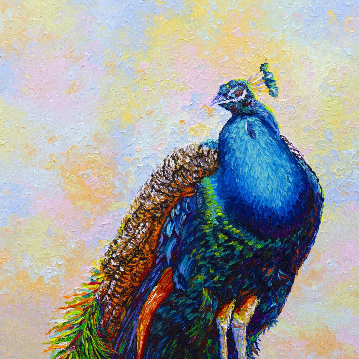 "The Beauty on the rock” Peacock on the rock- Original Oil Finger Painting