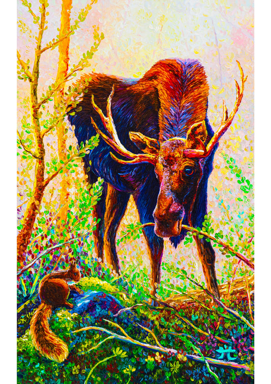 “One Peaceful Afternoon” Moose and Squirrel in the forest - Original Oil Finger Painting