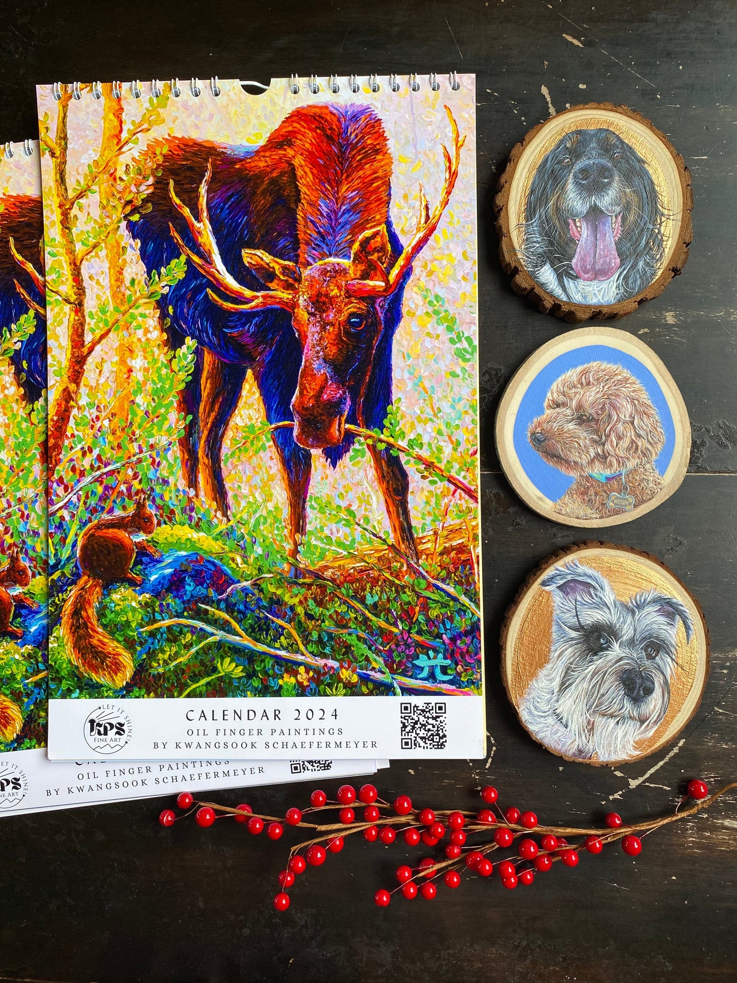 * 2024 Fine Art Calendar - 11x17” Wall calendar - 6x9” Desk Calendar - Collection of Wildlife Oil Finger Paintings
