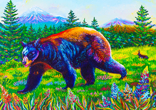"Are we there yet?" A giant bear and a little rabbit in the mountains - Original Oil Finger Painting