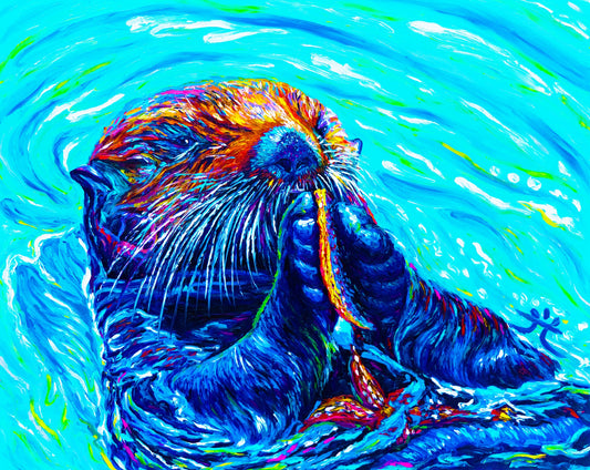 "Snack Time" - Sea Otter with Starfish -  Original Oil Finger Painting