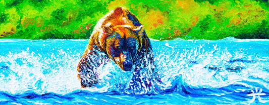 "Hunting Time" - Running Brown Bear 2 - Original Oil Finger Painting