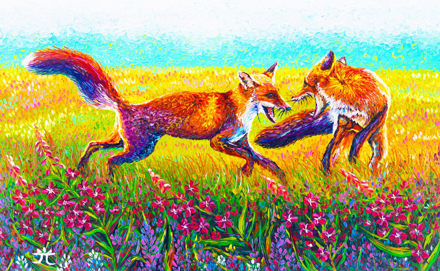 "Foxy Friends" - Playful Foxes in Alaska - Original Oil Finger Painting