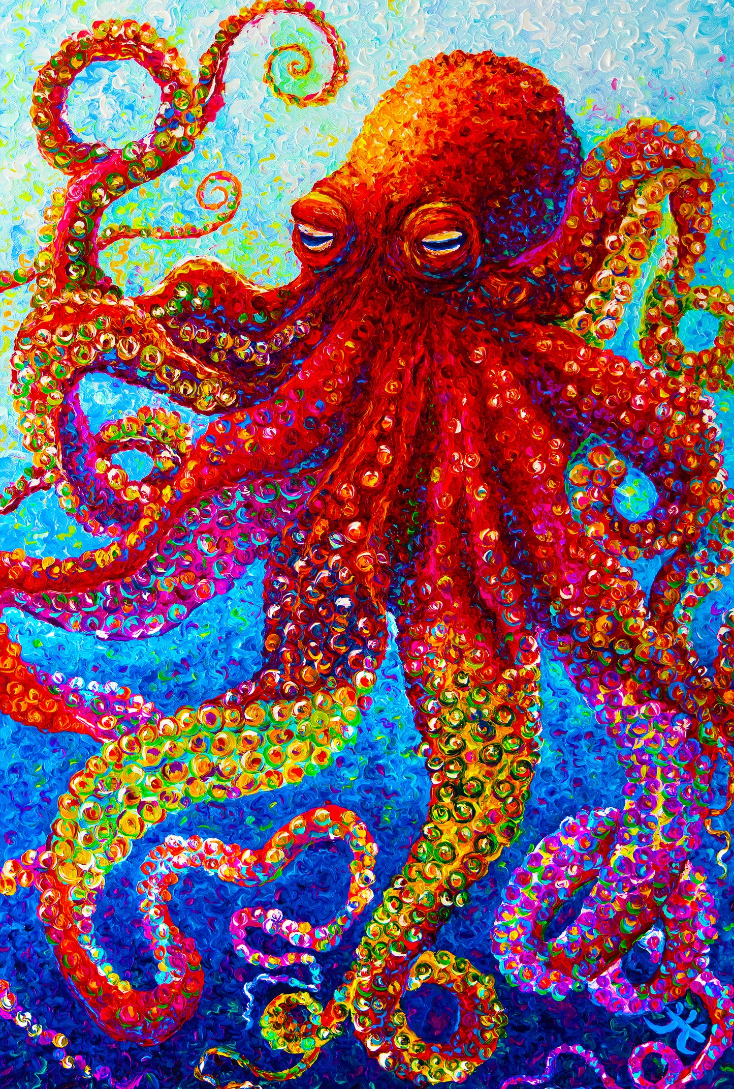 "Dancing Octopus" Red Octopus - Original Oil Finger Painting