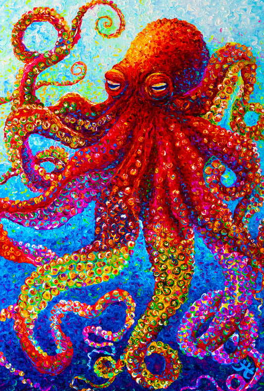 "Dancing Octopus" Red Octopus - Original Oil Finger Painting