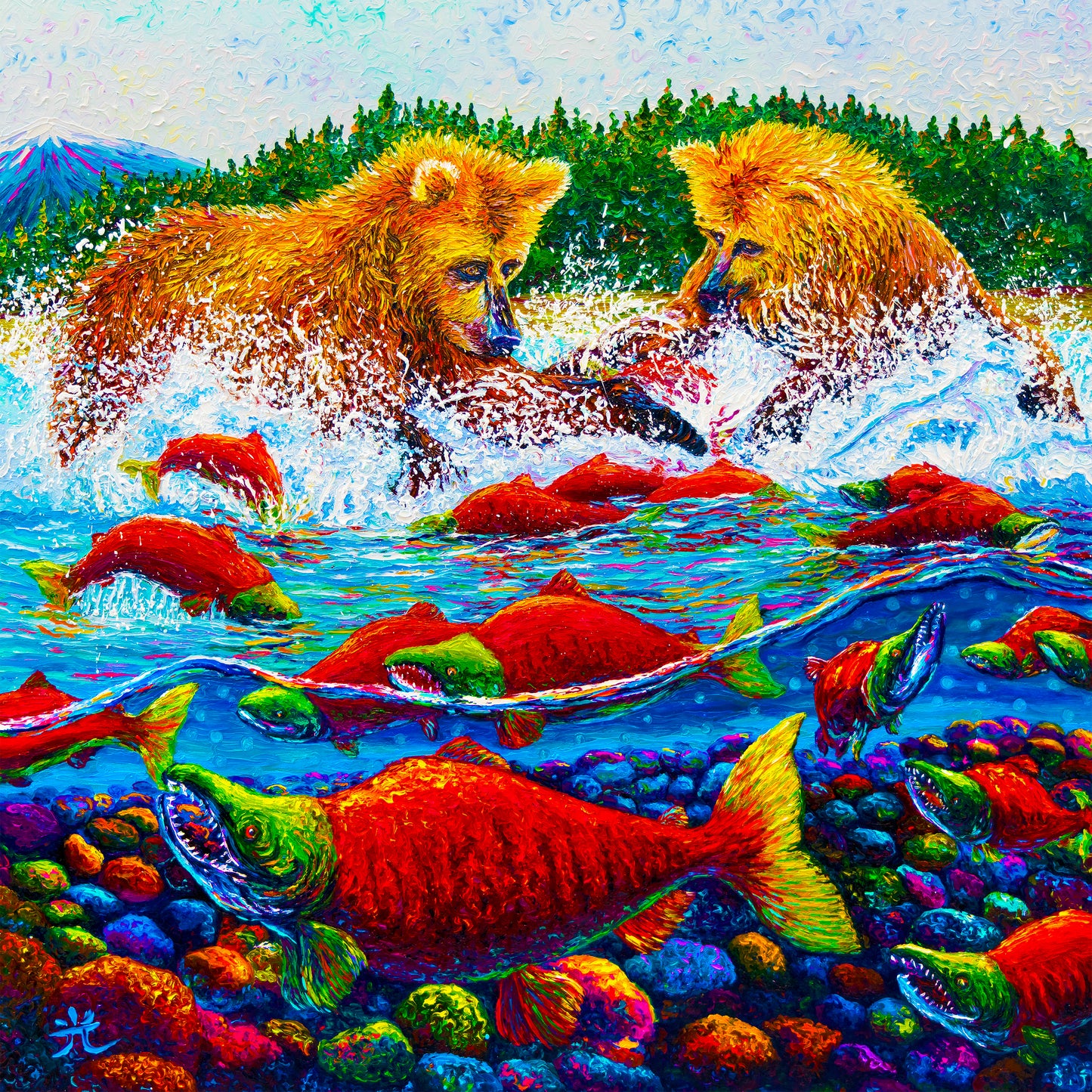 "Salmon Buffet" Bears and Salmon Lake - Original Oil Finger Painting