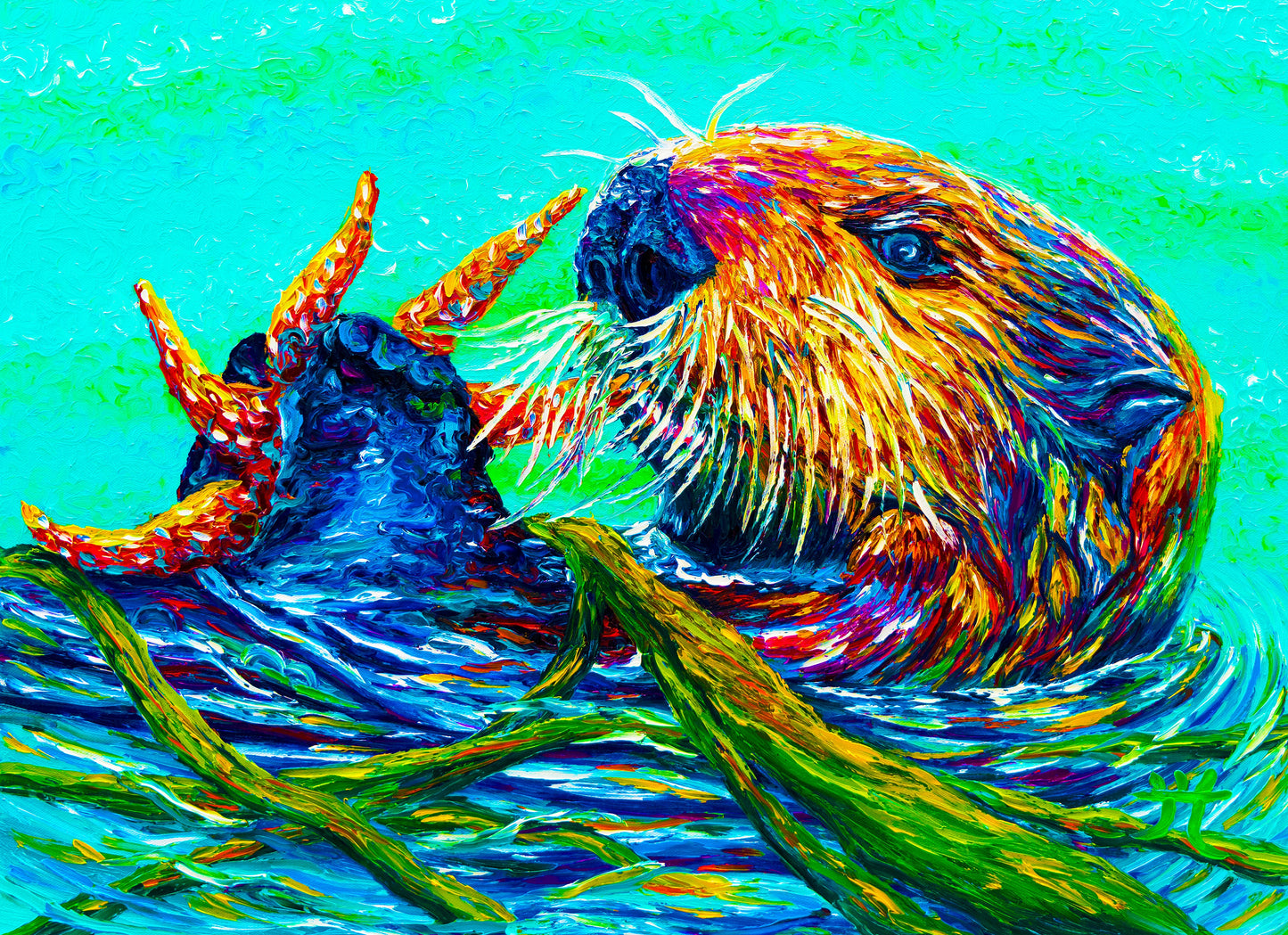 "Playing the Starfish + Kelp" - Sea Otter Painting -  Original Oil Finger Painting