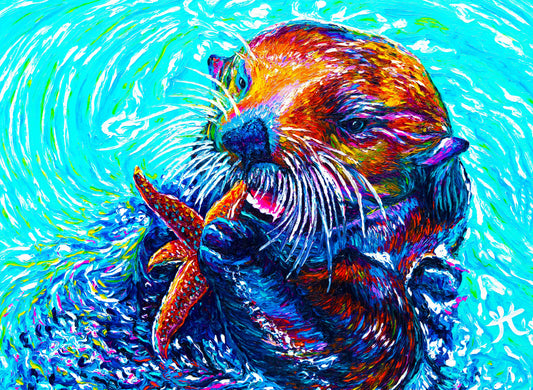 "Kiss the Starfish" - Sea Otter Painting -  Original Oil Finger Painting