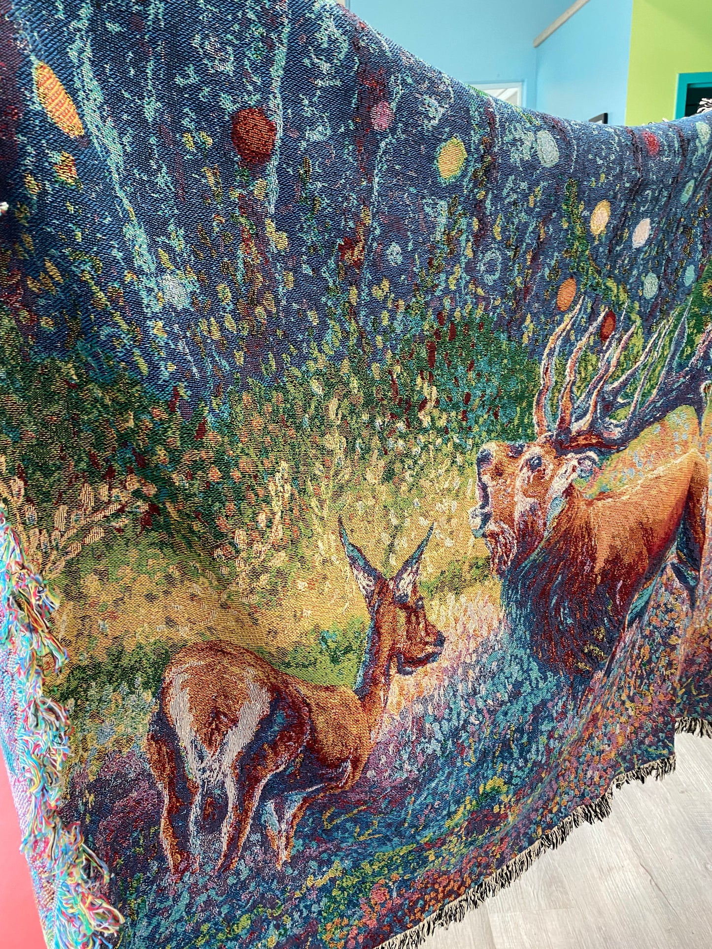 “Oh, Dear" Deer in the Magic Forest - Oil Finger Painting - Woven Tapestry Blanket - wall art Tapestry