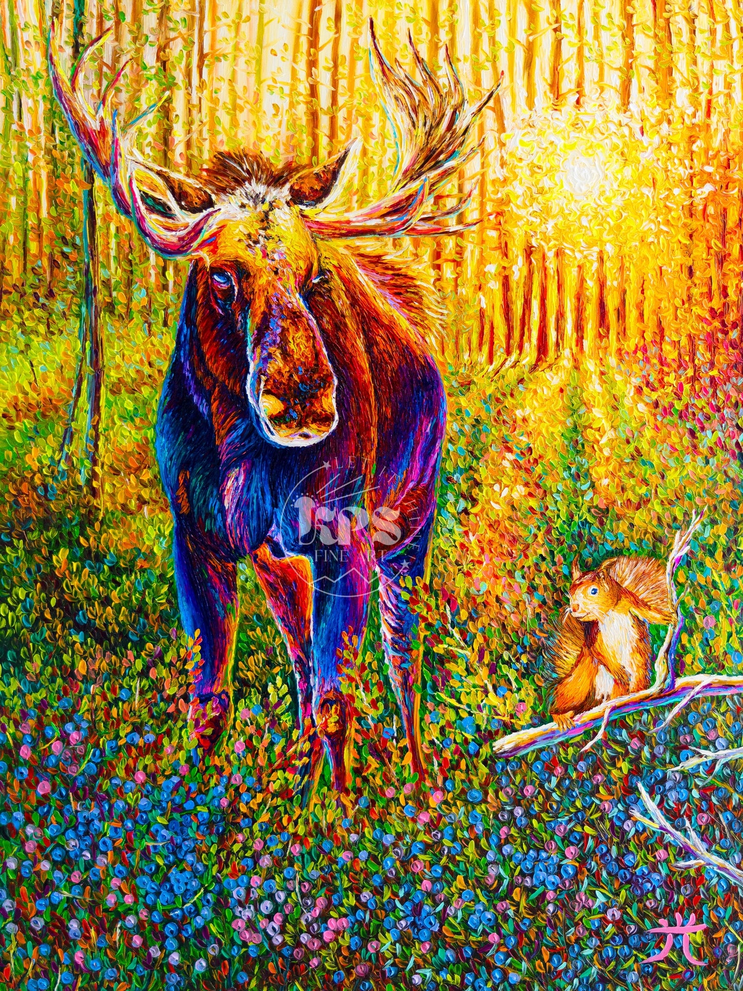 "Blueberry field" Moose with a Squirrel - Original Oil Finger Painting