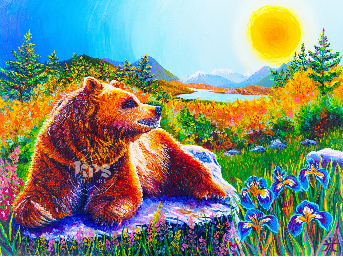 "Fall is here" A giant bear in the mountains - Original Oil Finger Painting