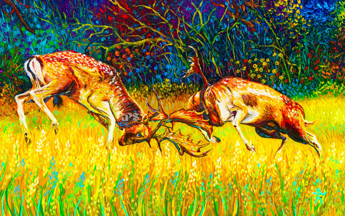 "Duel in the grass"  - Fallow deer in Alaska - Original Oil Finger Painting