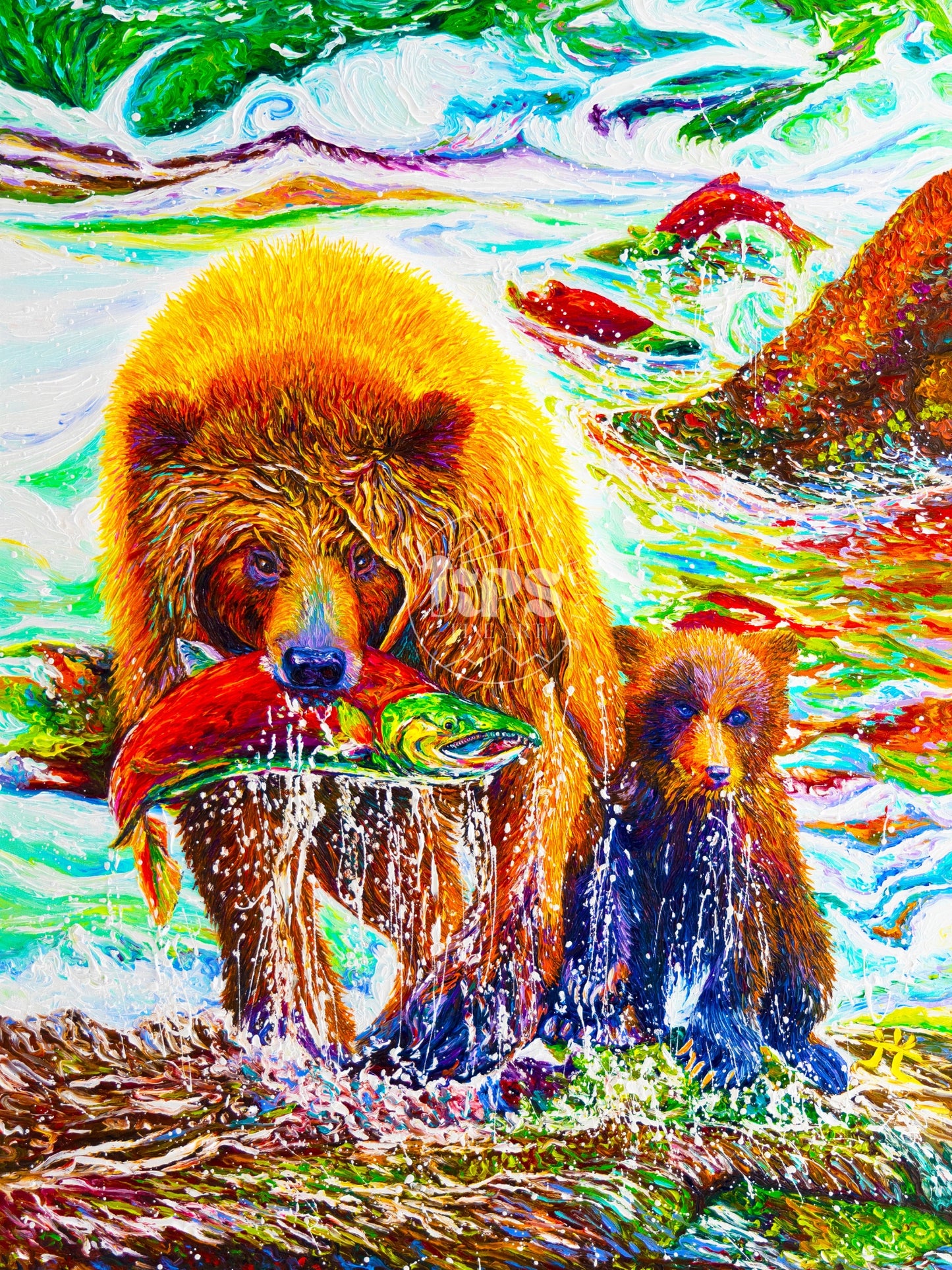 "Fishing Day with Mama" Bears in Alaska - Original Oil Finger Painting