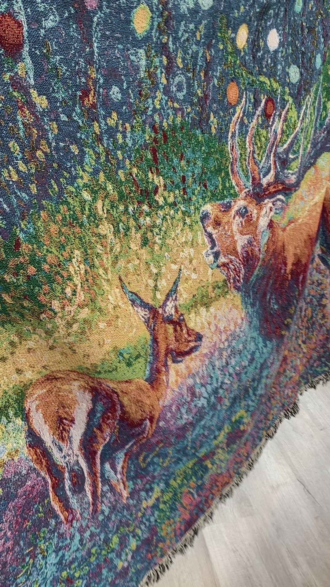 Deer in the Woods, playful art, store textural, mixed media art, acrylic blanket-weight yarn